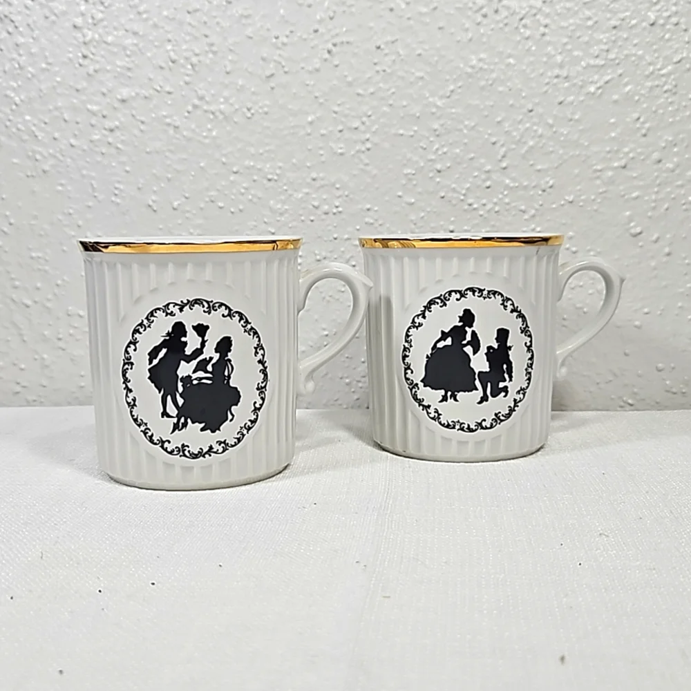 set of 2 Victorian couple silhouette Czechoslovakia porcelain tea cups